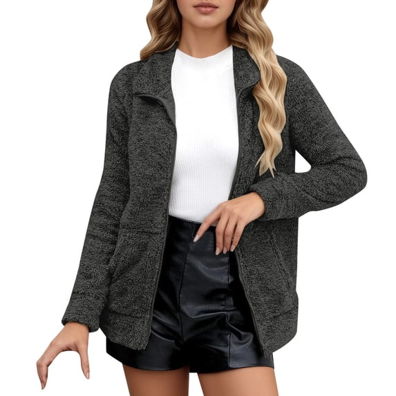 BangWanChi Solid Fleece Jackets Long Sleeve Zipper Fashionable Top Long Sleeve Casual Outwear Jacket