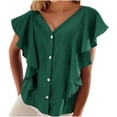 thumbnail image 1 of BangWanChi Spring Blouse for Women 2025 Women's Solid Color Casual Fashion Ruffle Short Sleeved V-neck Top/shirt, 1 of 4