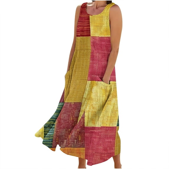 BangWanChi Summer Dresses for Women New Women's Sleeveless Cotton and Linen Round Neck Printed Long Dress