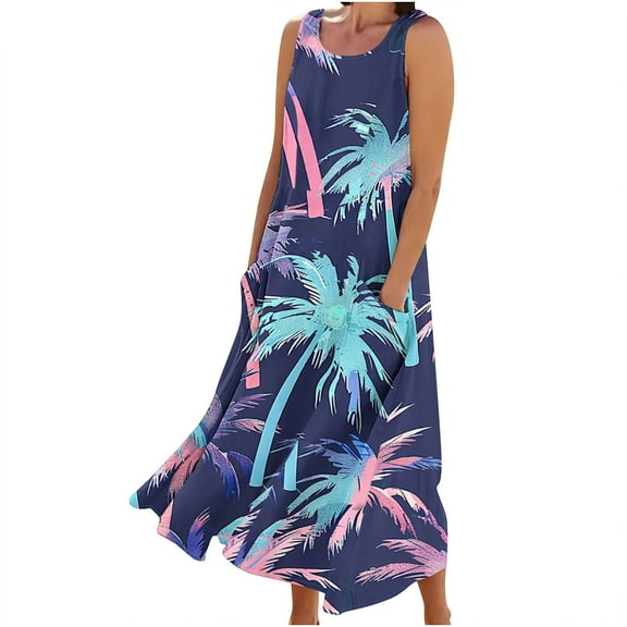 BangWanChi Summer Dresses for Women New Women's Sleeveless Cotton and Linen Round Neck Printed Long Dress