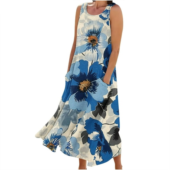 BangWanChi Summer Dresses for Women New Women's Sleeveless Cotton and Linen Round Neck Printed Long Dress