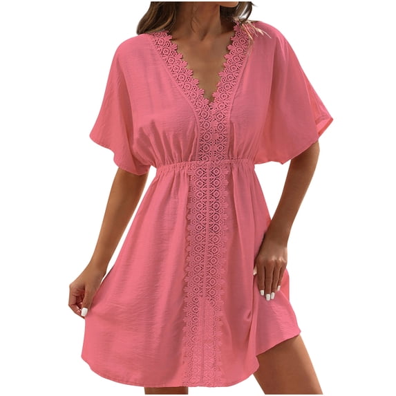 BangWanChi Summer Dresses for Women Clearance Women Fashion Summer V-neck Solid Color Ice and Lace Patchwork Beach Skirt Bikini Swimsuit Over Top
