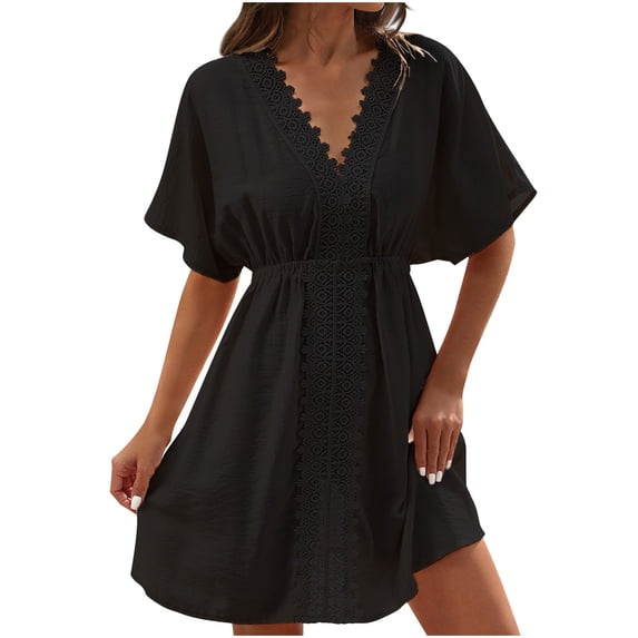 BangWanChi Summer Dresses for Women Clearance Women Fashion Summer V-neck Solid Color Ice and Lace Patchwork Beach Skirt Bikini Swimsuit Over Top