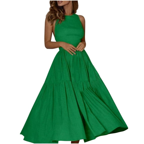 BangWanChi Summer Dresses for Women Clearance Women Fashion Summer Waist Cinching Solid Color Sleeveless Long Dress