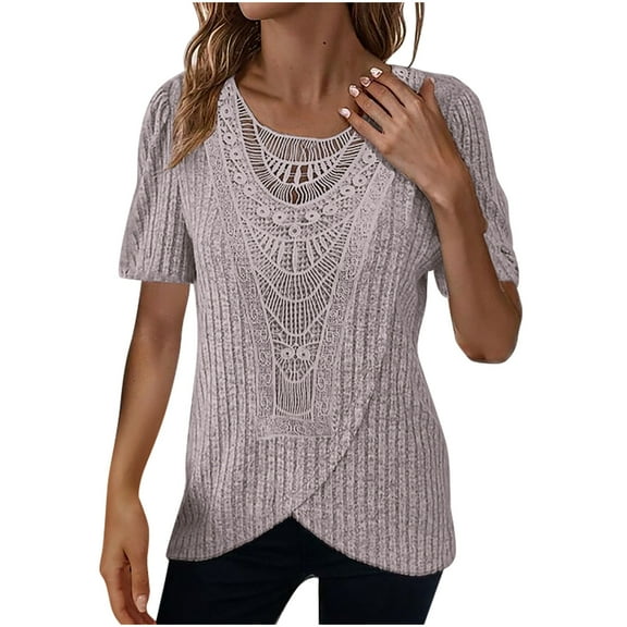 BangWanChi Summer Tops for Women 2025 Trendy Women's Casual Lace Stitching Short-sleeved Round Neck Pullover Casual Blouse