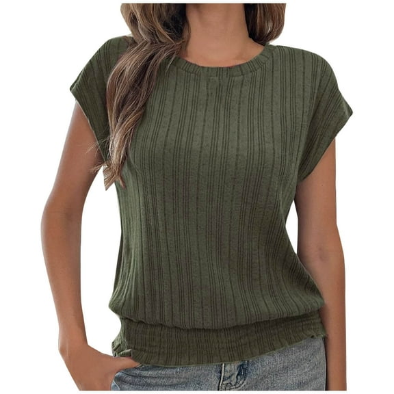 BangWanChi Summer Tops for Women 2025 Trendy Women's Fashion Solid Color Short Sleeves RoundNeck Casual Shirts Pullover Blouse