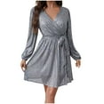 thumbnail image 1 of BangWanChi Sundresses for Women Formal Dresses for Women Plus Size Dress Women's Fashion Solid Color Sequin Lantern Sleeve V-Neck Belt Sequin Dress Long Sleeve V-Neck Dresses, 1 of 6