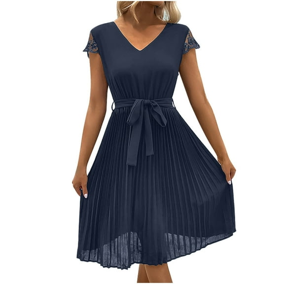 BangWanChi Sundresses for Women 2026 Women's Lace Patchwork Solid Color Pleated Dress Short Sleeve V-neck Dress