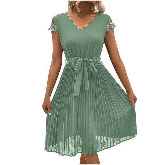 BangWanChi Sundresses for Women 2026 Women's Lace Patchwork Solid Color Pleated Dress Short Sleeve V-neck Dress