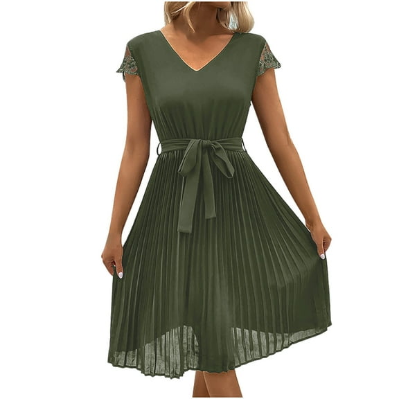 BangWanChi Sundresses for Women 2026 Women's Lace Patchwork Solid Color Pleated Dress Short Sleeve V-neck Dress