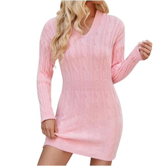 BangWanChi Sweater Dress for women Women's V-neck Twists Long Sleeve Knitting Hoodie Buttocks Dress