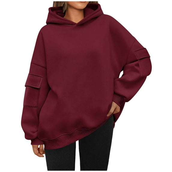 BangWanChi Trendy Queen Hoodies Women's Solid Color Long Sleeved Pocket Loose Hooded Top Sweatshirt