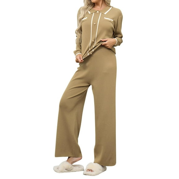 BangWanChi Two Piece Sets for Women Going Out Women Winter New Loose Casual Fashionable Breasted Lapel Long Sleeved Top wide Leg Pants Long Sleeved Lapel Set