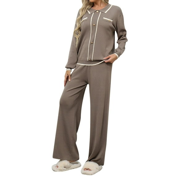 BangWanChi Two Piece Sets for Women Going Out Women Winter New Loose Casual Fashionable Breasted Lapel Long Sleeved Top wide Leg Pants Long Sleeved Lapel Set