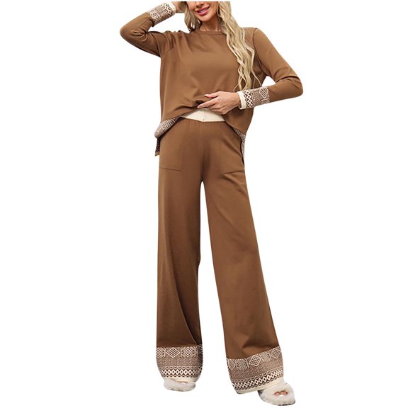 BangWanChi Two Piece Sets for Women Skirt Women New Awinter Fashion Sweater Loose Casual Long Sleeved Wide Leg Pants Knitted Two-piece Set Long Sleeved Round Neck Top/shirt Set