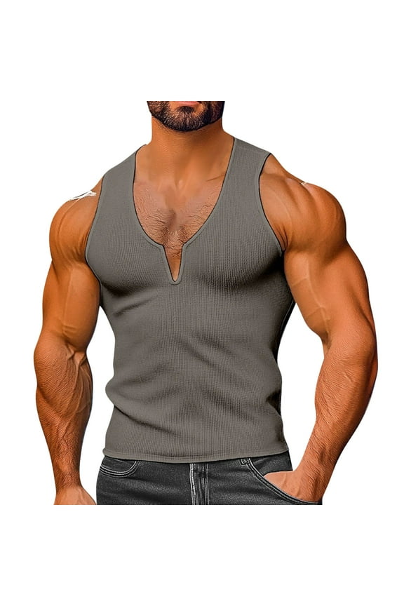 V-Neck Sleeveless Tanks for Men Summer Knitted Fitness Solid Color Casual Sleeveless Top Men's I-shaped Workout Tank Gray S