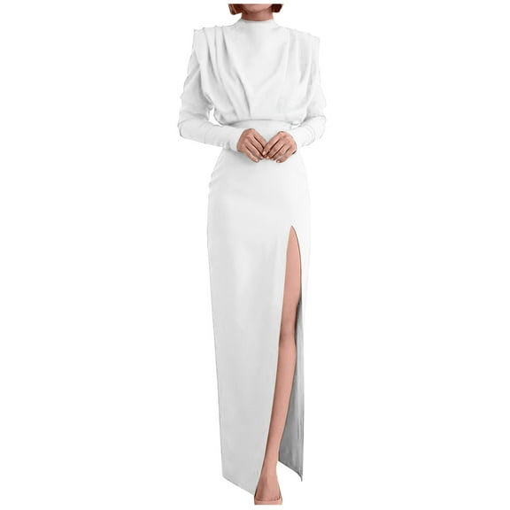 BangWanChi White Dress Women Fashion Women Spring Sexy Casual Round-Neck Solid Split Long Dress