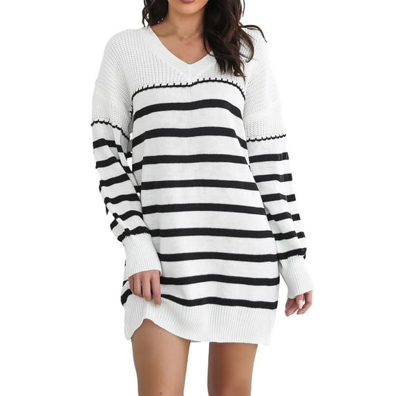 BangWanChi White Dress Women Woman's Knit Dress Loose and Comfortable V-neck Stripe Sweater Dress for Woman