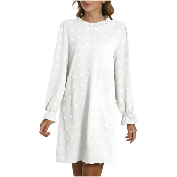 BangWanChi White Dress Women Women Casual Fashion Solid Bubble Embroidered Furball Loose Long Sleeve Round Neck Dress