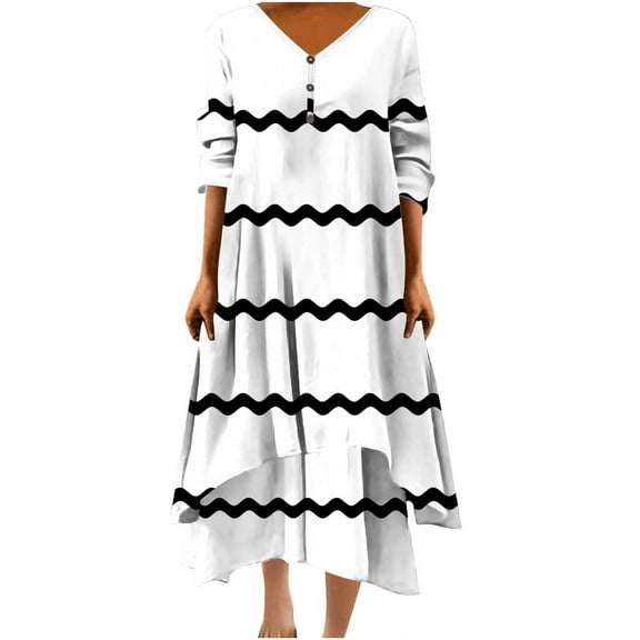 BangWanChi White Dress Women Women Casual Loose Printed Irregular Buttoned Hem V-Neck 3/4 Sleeve Dresses