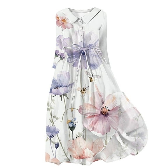 BangWanChi White Dress Women Women Casual Temperament Elegant Loose Printed Lace Up Button Pleated 3/4 Sleeves Flip Collar Dress