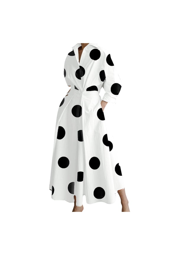 White Dress Women Women's Casual Turn-down Collar Long Sleeve Waist Printed Long Dresses