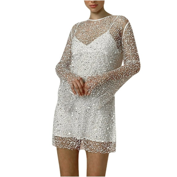 BangWanChi White Dress Women Women's Fashion Sequins Sleeveless Solid Make Dress Formal Dresses