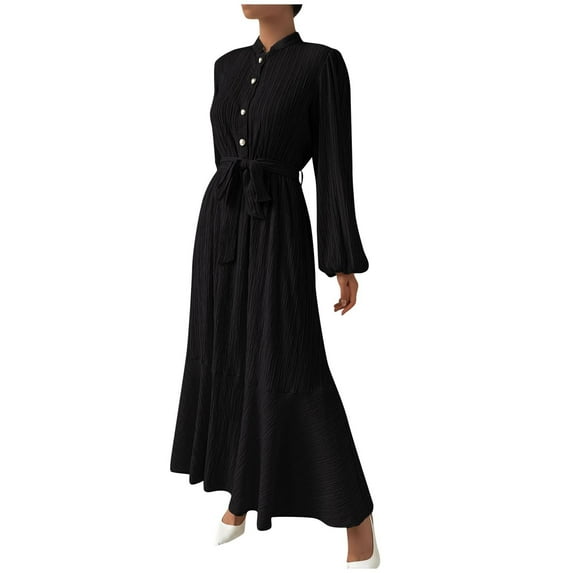 BangWanChi Winter Dress for Women Women's Long Sleeved Solid Color Textured Button Up Dress With Lantern Sleeves And Waist Cinching Long Dress Black S