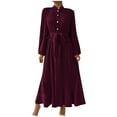 thumbnail image 1 of BangWanChi Winter Dress for Women Women's Long Sleeved Solid Color Textured Button Up Dress With Lantern Sleeves And Waist Cinching Long Dress Wine S, 1 of 5