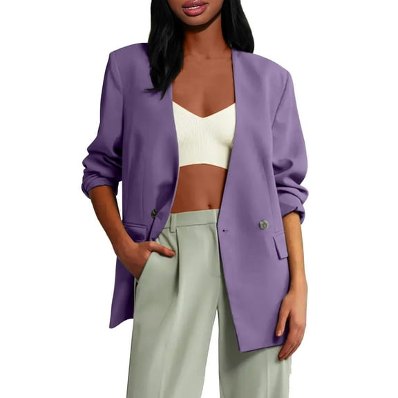 BangWanChi Women Blazers Fashion Dressy Women's Solid Color Shoulder Pad Without Collar Pocket Button Long Sleeved Flip Suit Jacket