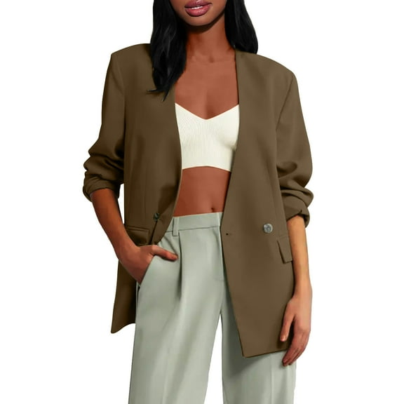BangWanChi Women Blazers Fashion Dressy Women's Solid Color Shoulder Pad Without Collar Pocket Button Long Sleeved Flip Suit Jacket