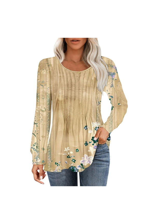 Women Clothes under $5 Women's Casual Fashion Loose Pleated Round Neck Fashion Print Long Sleeved Top Print Long Sleeved Round Neck Top/shirt