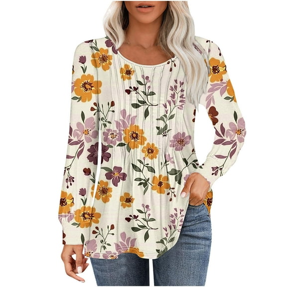 BangWanChi Women Clothes under $5 Women's Casual Fashion Loose Pleated Round Neck Fashion Print Long Sleeved Top Print Long Sleeved Round Neck Top/shirt