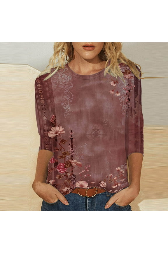 Women Clothing Women Fashion Printed T-shirt 3/4 Sleeves Blouse Round Neck Casual Tops