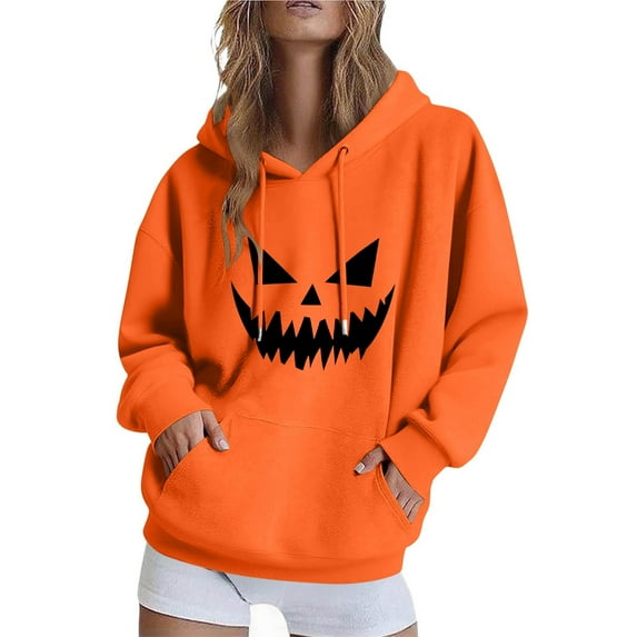 BangWanChi Women Long-Sleeved Hooded Sweatshirts Pocket Halloween Printed Casual Loose Hoodies