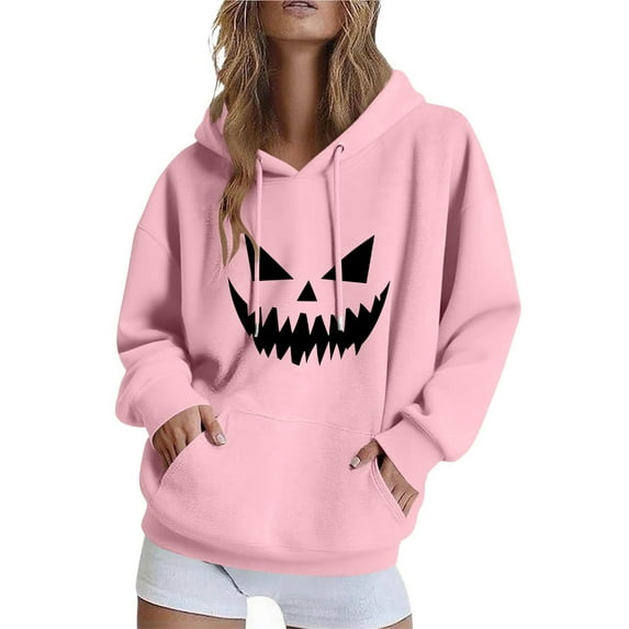 BangWanChi Women Long-Sleeved Hooded Sweatshirts Pocket Halloween Printed Casual Loose Hoodies