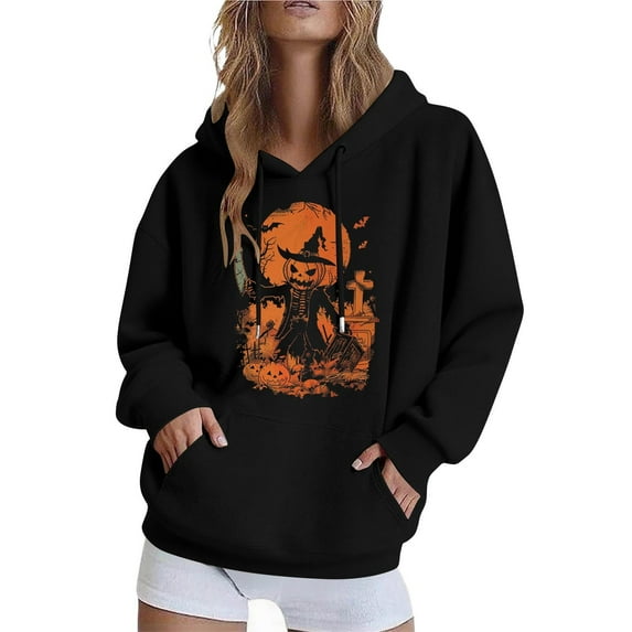 BangWanChi Women Long-Sleeved Hooded Sweatshirts Pocket Halloween Printed Casual Loose Sweatshirt