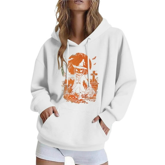 BangWanChi Women Long-Sleeved Hooded Sweatshirts Pocket Halloween Printed Casual Loose Sweatshirt