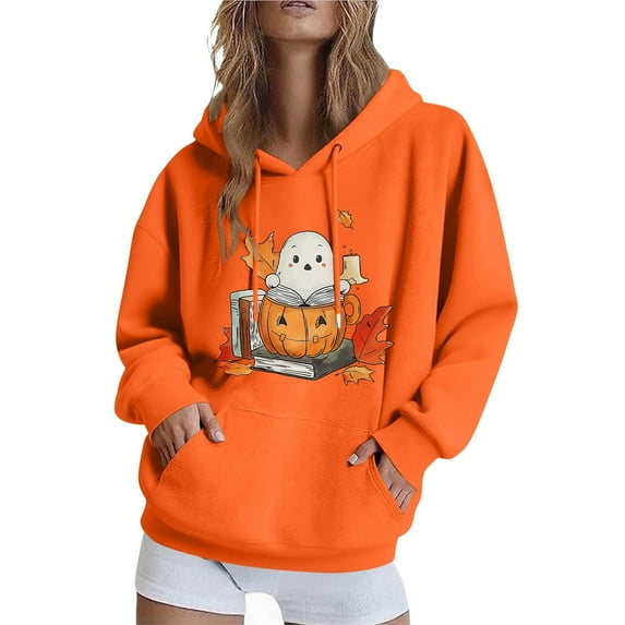 BangWanChi Women Long-Sleeved Hooded Sweatshirts Pocket Halloween Printed Casual Loose Sweatshirt