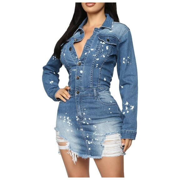 BangWanChi Women'S Casual Dresses Plus Size Dress Dresses for Women Women Waist Tightening Temperament Long Sleeved Elastic Buckle Denim Pocket Wrapped Buttocks Dress