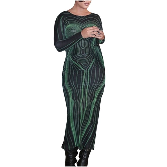 BangWanChi Women'S Casual Dresses Wedding Guest Dresses for Women Women Fashionable Printed Sexy Backless Hollow Out Long Sleeved Buttocks Wrapped Dress Long Sleeved Round Neck Dress