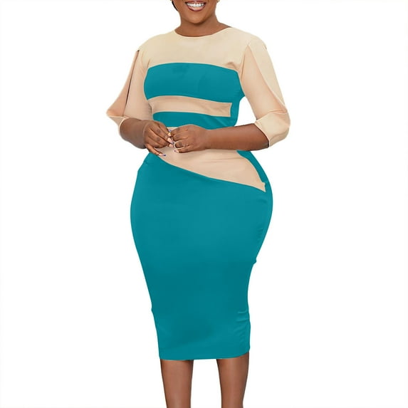BangWanChi Women'S Casual Dresses Work Dresses for Women Red White and Blue Dress for Women Women Long Sleeved Commuting To Work Versatile 5/4 Sleeved Color Matching Buttock Wrap Dress