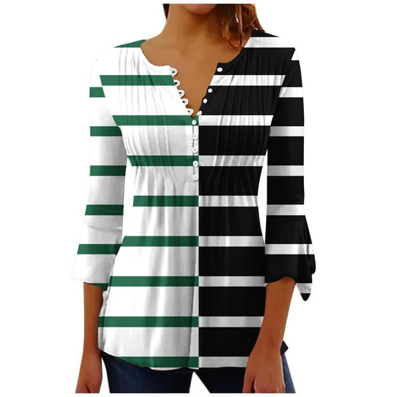 BangWanChi Women Striped Fashion Printed Casual V-Neck Short Sleeve Loose T-Shirt Blouse Tops