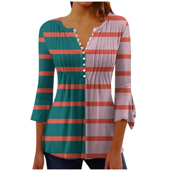 BangWanChi Women Striped Fashion Printed Casual V-Neck Short Sleeve Loose T-Shirt Blouse Tops