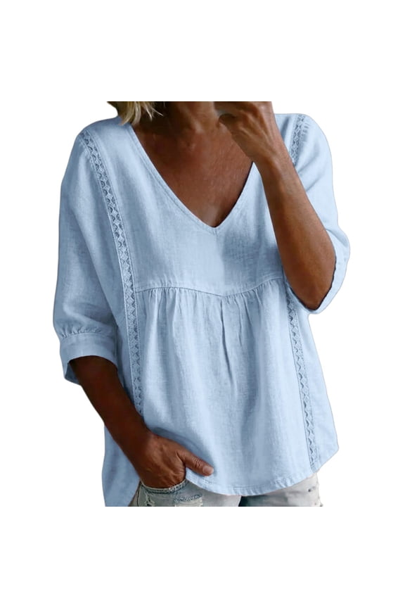 Women's Casual Lace Trim Linen Blouse Fashion Ladies V-Neck Three Quarter Sleeve Peplum Top