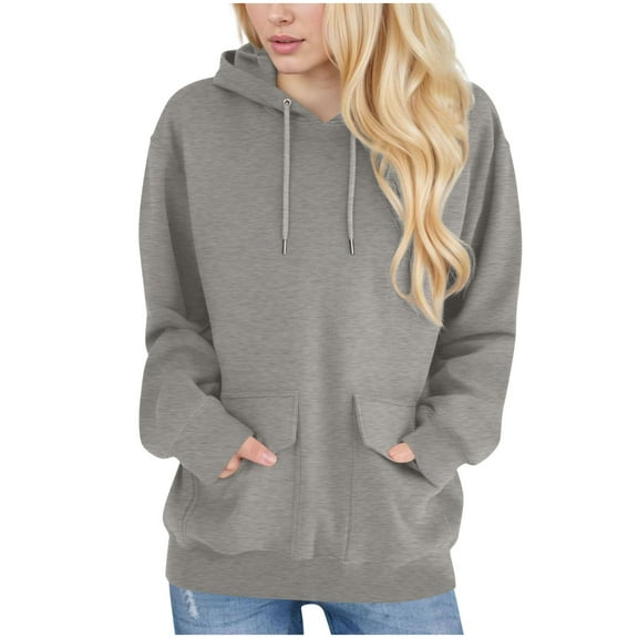 BangWanChi Women's Casual Loose Solid Color Double Pocket Sweatshirts Long Sleeved Hooded Drawstring Long Sleeve Sweatshirt