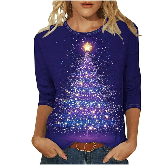 BangWanChi Women's Casual Printed Top Christmas Round Neck 3/4 Sleeve T-shirt Fashionable Blouse Tops
