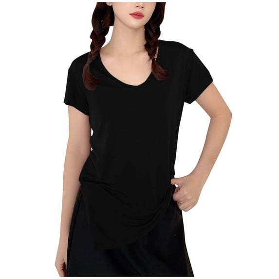BangWanChi Women's Casual Shirts Solid Color Short Sleeve Round-Neck Slit T-shirt Home Bottom Blouse