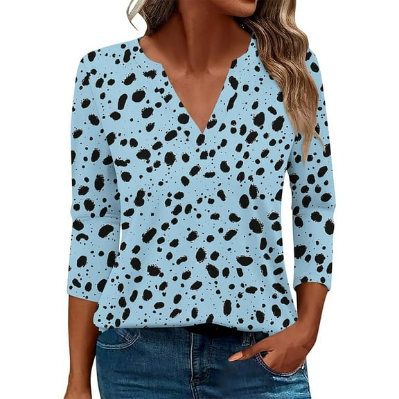 BangWanChi Women's Fashion Printed T-Shirts 3/4 Sleeves Blouse V-Neck Casual Tops