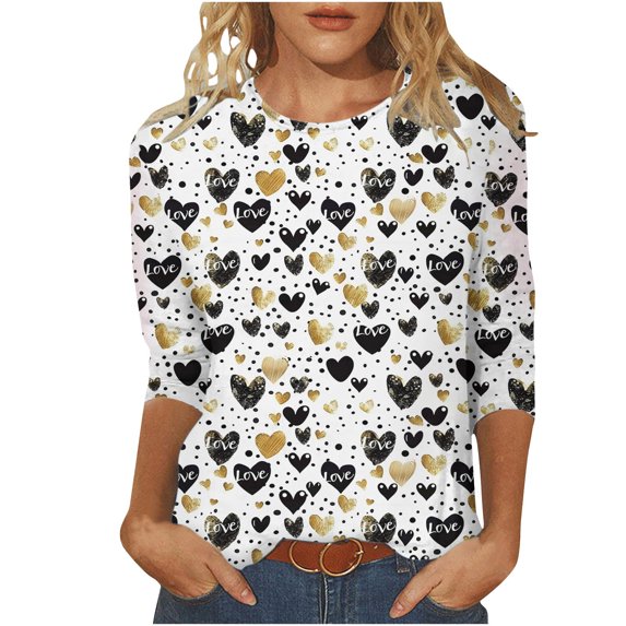 BangWanChi Women's Fashion Tees Casual Crewneck 3/4 Sleeve Loose T Shirt Ladies Tops Blouses Shirts